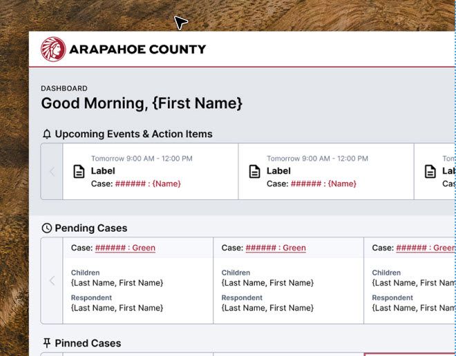 The Arapahoe County case management dashboard greeting the user, with upcoming events and pending cases