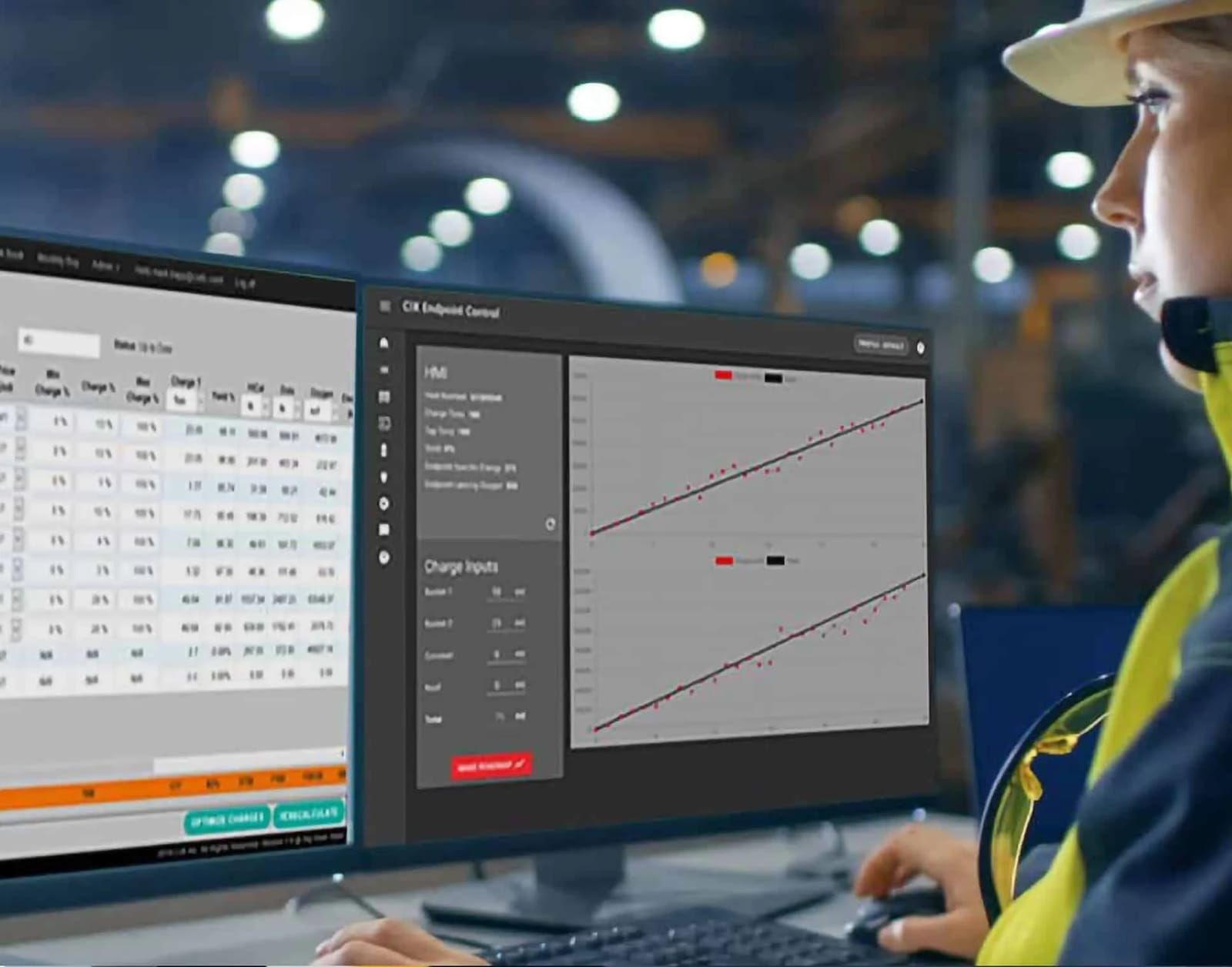 A woman in a white hard hat and hi-vis jacket works at a desktop monitor running the CIX Endpoint Control app, with a data table, an input panel and trend charts, in a dim steel plant