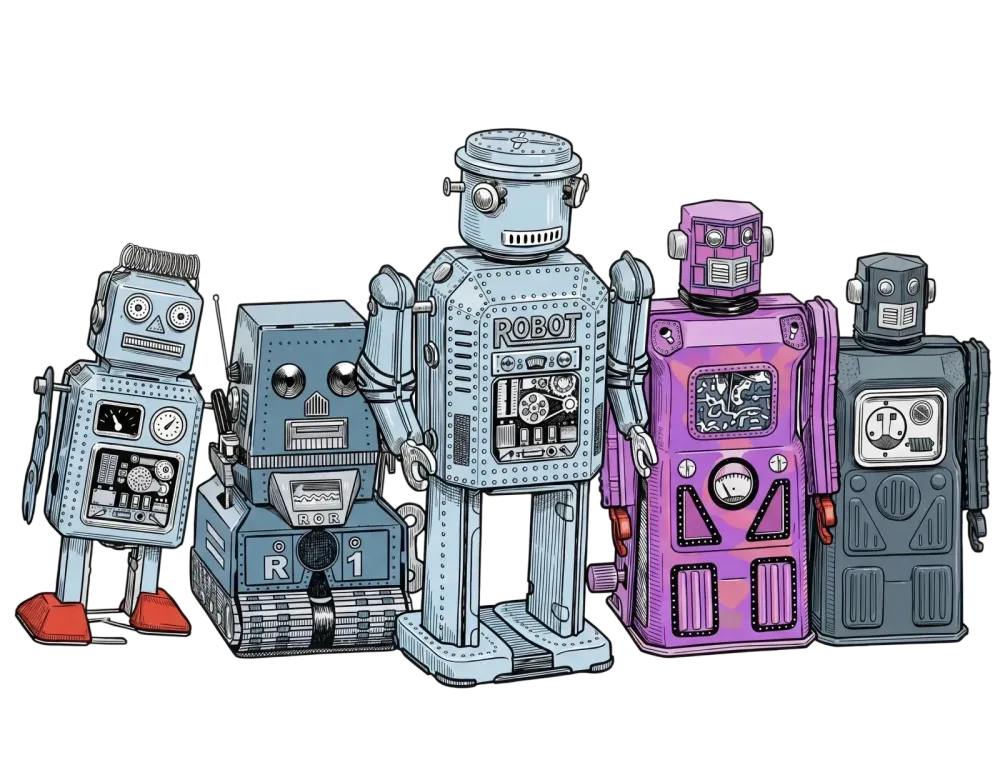 A row of five vintage tin toy robots in blue, grey and purple