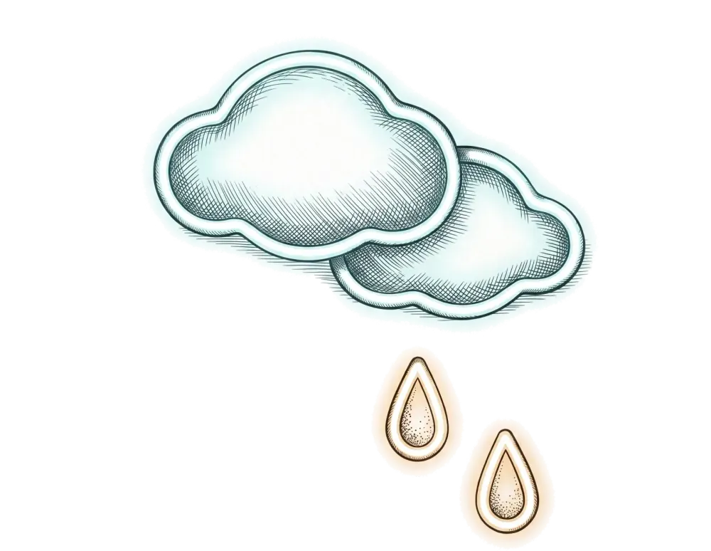 Two hand-drawn clouds above two glowing raindrops
