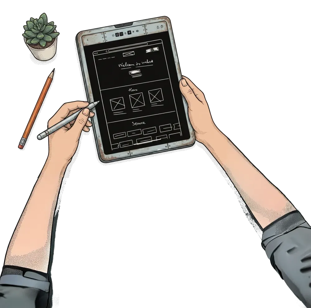 Hands sketching a website wireframe on a tablet with a stylus, beside a pencil and a potted succulent