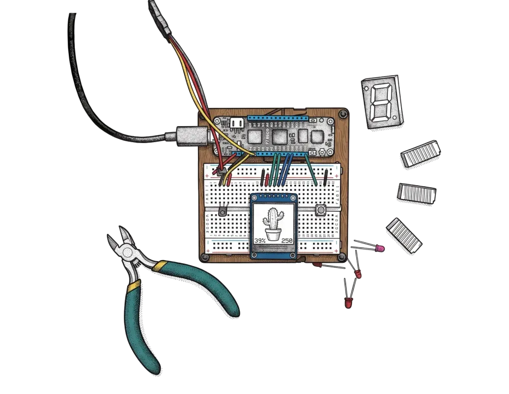A microcontroller wired to a breadboard with a small screen showing a cactus, surrounded by pliers, LEDs and display modules