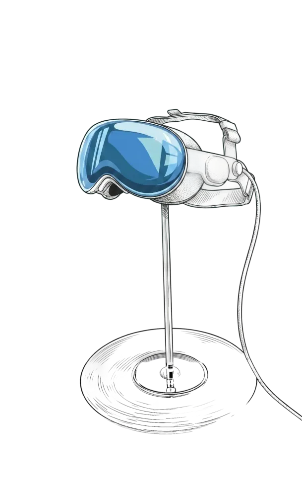 A virtual reality headset resting on a display stand