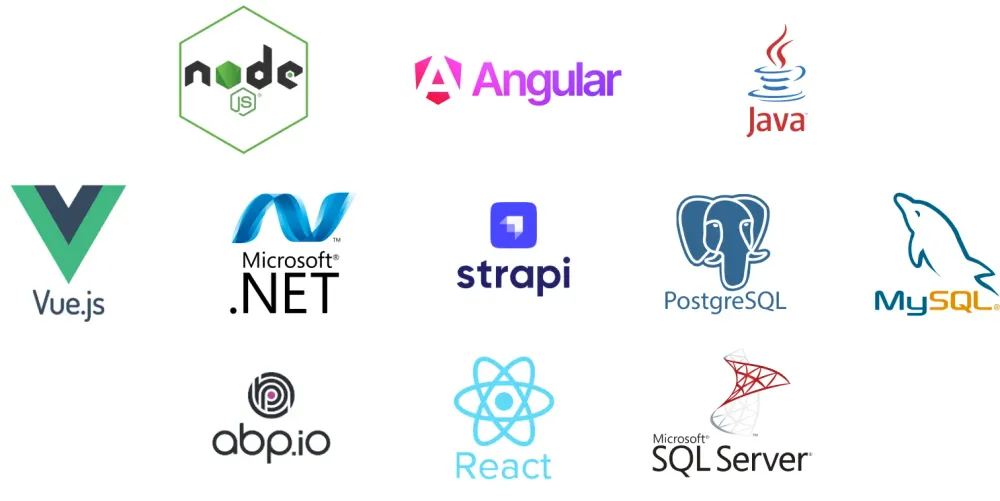 Logos of the technologies we build with: Node.js, Angular, Java, Vue.js, Microsoft .NET, Strapi, PostgreSQL, MySQL, ABP (abp.io), React and Microsoft SQL Server