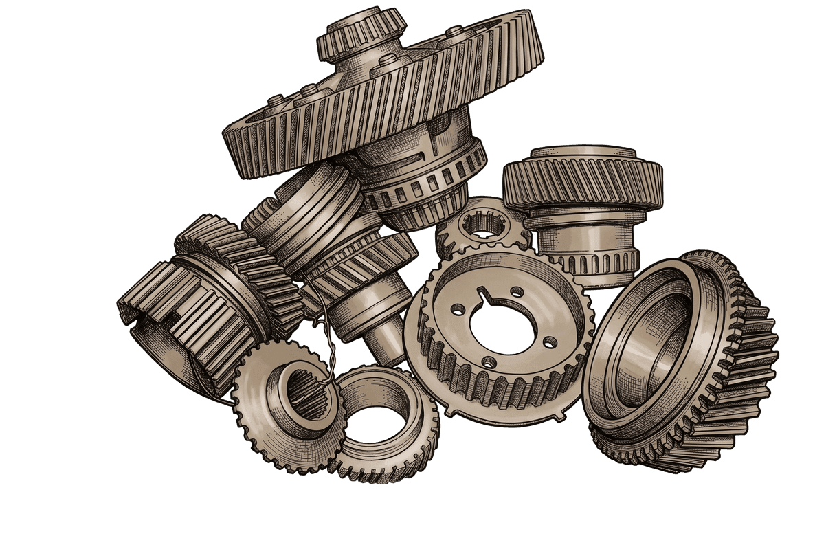 A pile of machined gears and bearings