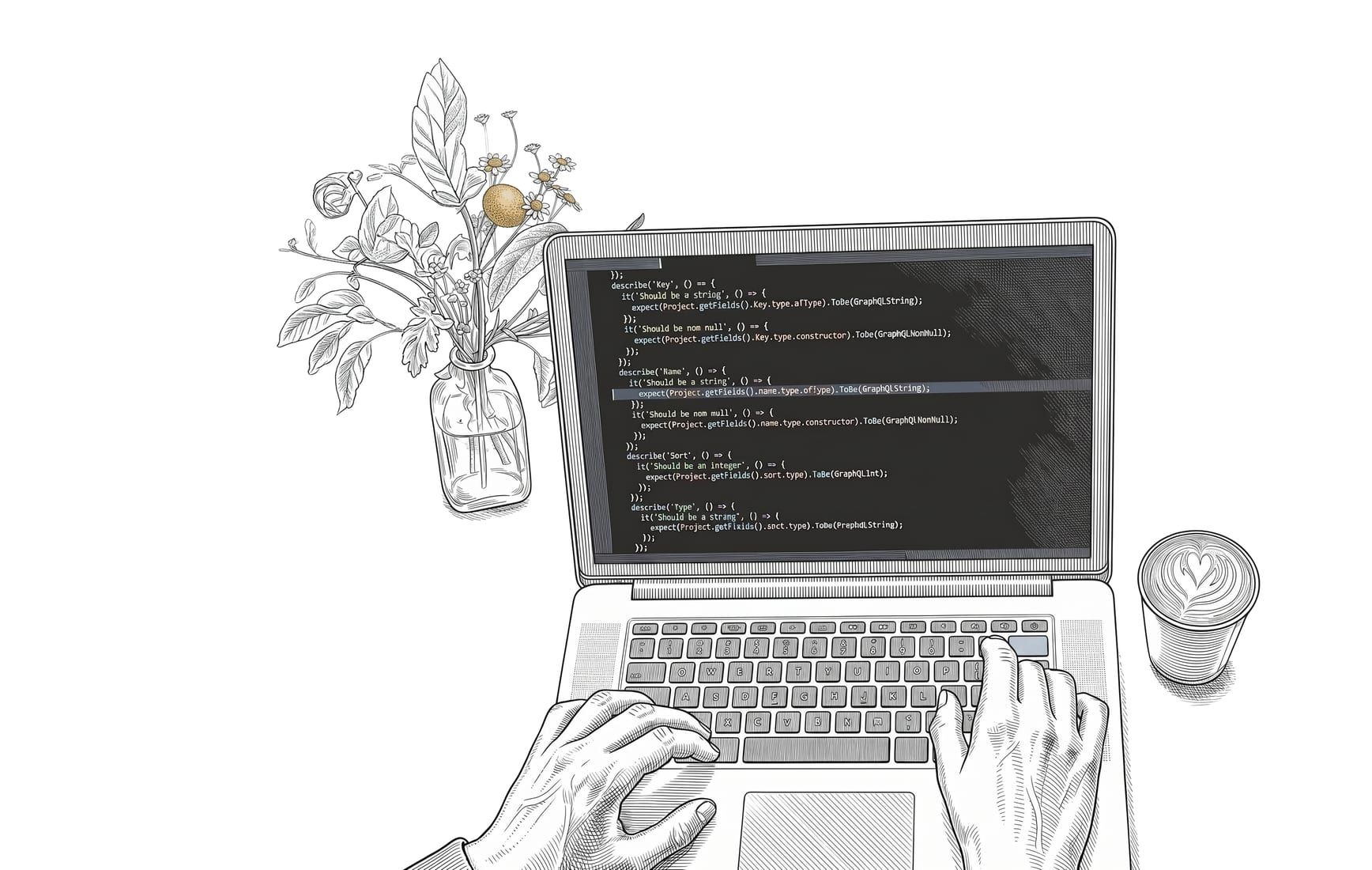 Line drawing of hands typing on a laptop showing code, beside a vase of flowers and a coffee