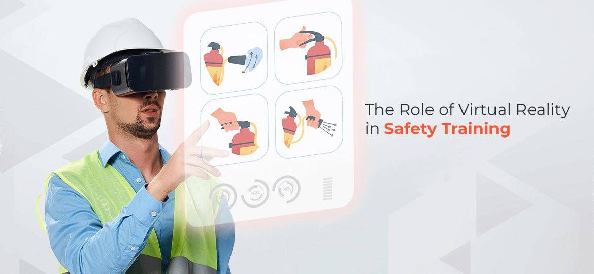 A construction worker with a VR helmet interacting with safety training.